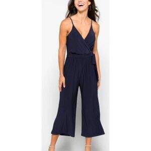 Gilli Navy Blue V-Neck Cropped Wide Leg Jumpsuit Spaghetti Straps Side Tie M